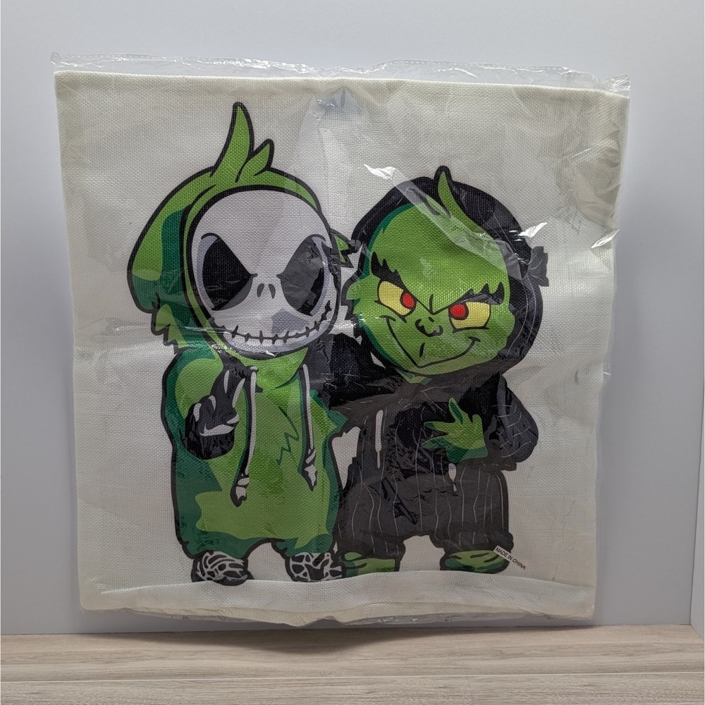 Vintage Grinch & Jack Skellington 17x17 Throw Pillow Cover Halloween Decor